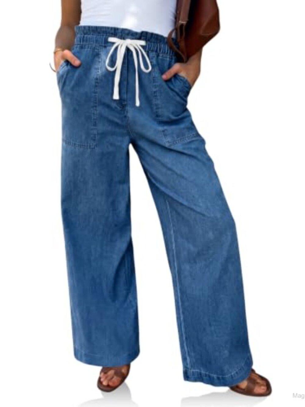 High Waisted Wide Leg Jeans with Drawstring Baggy Fit Stretch Denim Pants